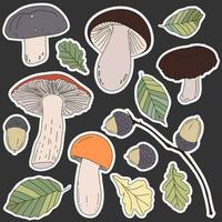 champignons, glands, et feuilles autocollants isolé sur sombre. ensemble de l'automne illustration pour hebdomadaire ou du quotidien planificateur et agendas. le concept de automne, le cadeaux de le forêt vecteur