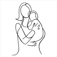 abstrait linéaire dessin de une femme en portant une enfant dans sa bras. maternité thème, contour vecteur illustration