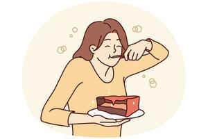 une jeune femme affamée qui mange du gâteau souffre de troubles de l'alimentation. une fille heureuse savoure un dessert au chocolat. plaisir coupable. illustration vectorielle. vecteur