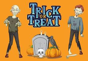 Trick or Treat texte logo avec deux zombies effrayants vecteur