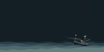 pêche bateau sur le mer à nuit vecteur illustration. océan avec bateau, étoile et nuit ciel Contexte.