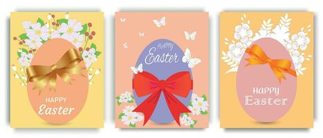 ensemble de content Pâques affiches. vecteur illustration dans branché pêche couleurs avec fleurs, arcs et papillons.