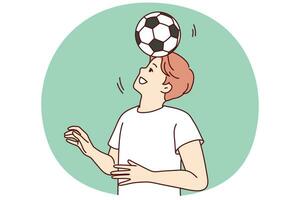 heureux jeune homme jouant au football à l'extérieur. un gars souriant avec un ballon sur la tête s'amuse à faire du sport. illustration vectorielle. vecteur