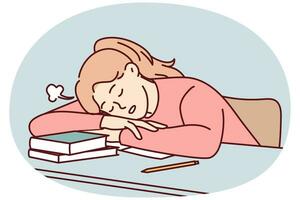 une jeune étudiante fatiguée s'endort sur le bureau en détresse d'étudier. une fille épuisée dort sur la table souffre d'épuisement et d'apprentissage de la fatigue. illustration vectorielle. vecteur