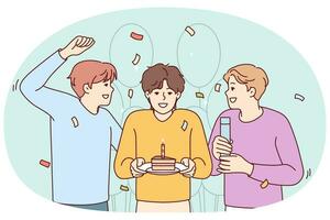 des gars souriants saluant un ami avec un gâteau et des ballons. les gens heureux fêtent leur anniversaire ensemble. fête et célébration. illustration vectorielle. vecteur