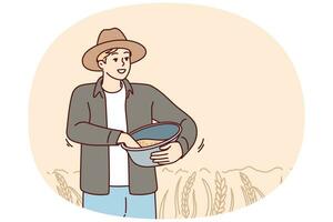 agriculteur masculin travaillant dans le champ pendant la saison des récoltes. homme souriant occupé à l'agriculture sur les pâturages ou les terres cultivées. illustration vectorielle. vecteur