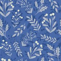 belle saison d'hiver floral sans soudure de fond. baies de houx congelées, silhouette de plante de gui sur fond bleu. toile de fond de vecteur festif, design textile saisonnier