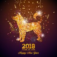 Illustration du nouvel an chinois 2018 avec symbole lumineux sur fond de célébration brillante. Année de conception de vecteur de chien.