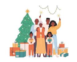 famille avec les enfants et grands-parents célébrer Noël ou Nouveau an. Noël arbre avec présente. vecteur illustration dans plat style