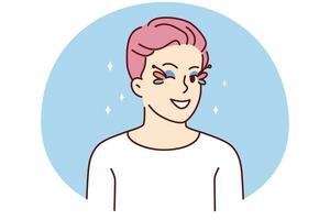 homme homosexuel aux cheveux roses et maquillage des yeux clin d'œil à la caméra. un mec gay souriant avec un visage maquillé se sentant optimiste et joyeux. illustration vectorielle. vecteur