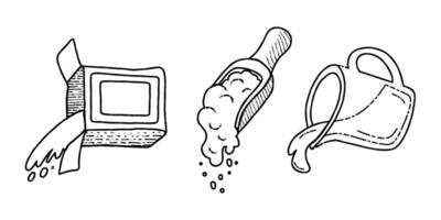 cuisine ustensiles contour icône. Lait les flux de cruche, en bois scoop avec farine, boîte de farine verser. ustensiles de cuisine isolé contour signe. cuisine concept. main tiré vecteur illustration. autocollant pour menu.