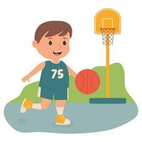 une peu garçon est en jouant basketball sur le Cour de récréation. vecteur illustration. été Jeux