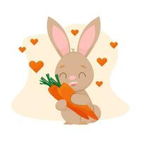 une mignonne lapin avec une carotte. une dessin animé lapin. vecteur illustration. prendre se soucier de animaux. lapin adore carottes.