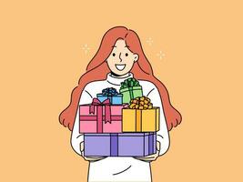 femme avec cadeau des boites dans mains sourires, réjouissance à grand nombre de Nouveau année présente de copains vecteur