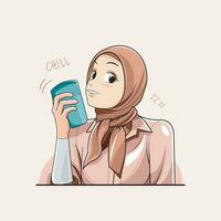 content temps. une souriant Jeune femme dans hijab goûts une verre de du froid l'eau. vecteur illustration