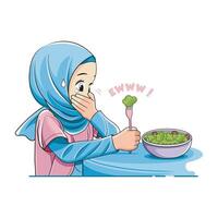 en bonne santé aliments. mignonne peu fille dans hijab couvrant bouche et refusant à manger des légumes. vecteur illustration