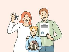 content famille Parents et filles sont en portant clés et modèle maison exhortant leur à prendre en dehors hypothèque vecteur