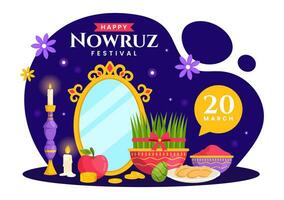 content nowruz journée vecteur illustration. Traduction persan Nouveau année, sur 20 Mars avec verre, poisson, ornements des œufs et herbe semeni dans plat Contexte