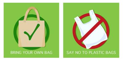 dire non à Plastique Sacs et apporter votre posséder textile sac. la pollution problème concept. vecteur illustration