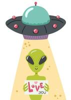 un extraterrestre est en portant une signe cette style je l'amour toi. dessin animé cible. vecteur illustration