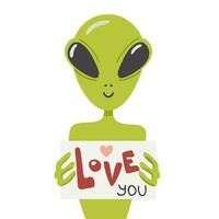 un extraterrestre est en portant une signe cette style je l'amour vous dessin animé cible. vecteur illustration
