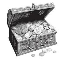 poitrine avec argent et pièces de monnaie et Trésor main tiré esquisser vecteur illustration