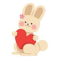 mignonne lapin avec une rouge cœur. une marrant lapin détient le symbole de aimer, pour la Saint-Valentin journée ou Pâques cartes, bannières, ou la toile conception. kawaii style personnage illustration. vecteur