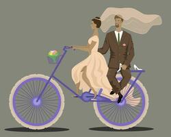 content jeune marié avec la mariée balade une bicyclette sur gris Contexte vecteur