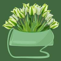 bouquet de épanouissement blanc vert tulipes dans une vert sac sur une vert Contexte vecteur