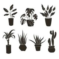 maison plante plat ensemble. silhouettes collection de décor maison intérieur, jardin les plantes. noir et blanc Accueil les plantes dans fleur pot contour griffonnage .vecteur illustration de Accueil les plantes. vecteur