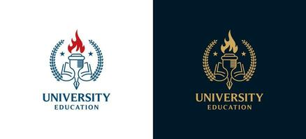 plus haute éducation Université emblème logo conception en utilisant torche, livre et stylo symbole vecteur