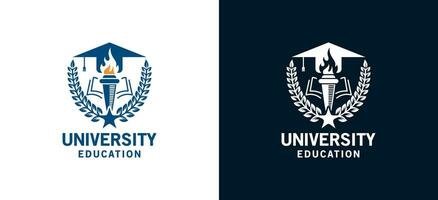 plus haute éducation Université emblème logo conception en utilisant torche, livre et l'obtention du diplôme casquette symbole vecteur