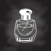 dessiné à la main parfum bouteille, beauté cosmétique élément, soi se soucier sur tableau noir Contexte. illustration pour beauté salon, cosmétique magasin, maquillage conception. griffonnage esquisser style. vecteur