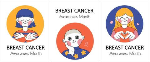 international Sein cancer journée. vecteur cartes, affiches avec mignonne dessin animé personnages
