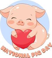 mignonne kawaii porc avec cœur dans mains. carte postale, affiche, bannière, concept pour nationale porc jour, Mars 1er vecteur