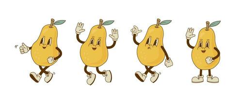 ensemble de rétro dessin animé poire personnages dans différent pose et émotion. souriant fruit mascotte sur blanc Contexte. nostalgie vecteur illustration.