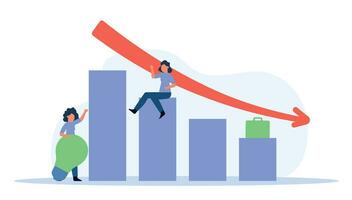 le graphique de l'économie a baissé, la croissance du chômage. problèmes commerciaux du marché. les femmes sont assises sur le graphique et sont tristes illustration vectorielle. les affaires sont faibles et la flèche tombe. argent perdu vecteur