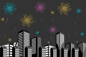 vecteur illustration de une de fête feux d'artifice afficher plus de le ville à nuit scène pour vacances et fête Contexte conception.