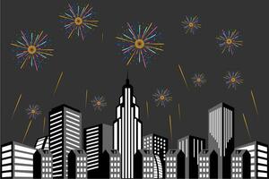 vecteur illustration de une de fête feux d'artifice afficher plus de le ville à nuit scène pour vacances et fête Contexte conception.