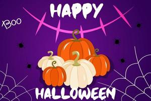 illustration vectorielle avec une bannière pour halloween ou une invitation à une fête avec des toiles d'araignées, des citrouilles et une bouche sinistre sur fond violet. test heureux pour halloween, une fête d'automne traditionnelle. vecteur