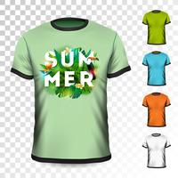 Conception de t-shirt de vacances d&#39;été avec feuilles tropicales, fleur et oiseau toucan sur fond transparent. Modèle de conception de vecteur pour les vêtements avec une variation de couleur.