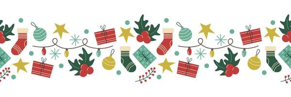 vecteur sans couture Noël frontière. guirlande, houx, cadeaux, décorations sur une blanc Contexte