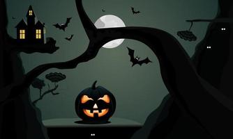 citrouille d'halloween et château sombre ou maison sur une falaise de montagne avec un fond de lune mouche noire chauve-souris. concept halloween party background vector illustration.