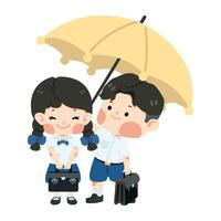 enfant étudiant couple permanent en dessous de un parapluie vecteur