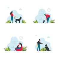 définir le modèle de propriétaires d'animaux. des gens heureux jouant avec leurs scènes d'animaux domestiques. les jeunes passent du temps à la maison. personnages promenant des chiens, se relaxant avec des chats. illustration vectorielle vecteur