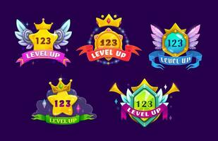 Jeu interface niveau en haut badges et gagner Icônes vecteur