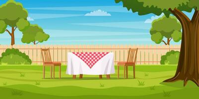 maison arrière-cour avec vert herbe pelouse, des arbres et des buissons. dessin animé table et chaises jardin moderne meubles. Extérieur zone pour un barbecue été des soirées. patio zone. vecteur illustration dans plat style