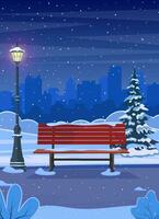 dessin animé hiver ville parc avec en bois banc, lanternes et ville bâtiments ligne d'horizon. Urbain vide Publique jardin paysage, neige tomber en dessous de terne ciel. vecteur illustration dans plat style