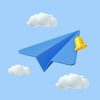 3d papier avion icône. bannière modèle pour Voyage avec avion et des nuages. envoyer message concept. email avec cloche notification isolé sur bleu Contexte. 3d le rendu. vecteur illustration