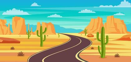 vide Autoroute route dans désert. sablonneux désert paysage avec route, rochers et cactus. été occidental américain paysage. Autoroute dans Arizona ou Mexique chaud sable. vecteur illustration dans plat style